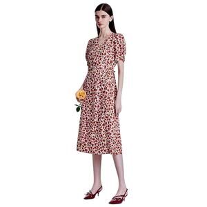 GOELIA Cottage Rose Floral Wrap Dress Midi Ruched Sleeve XS